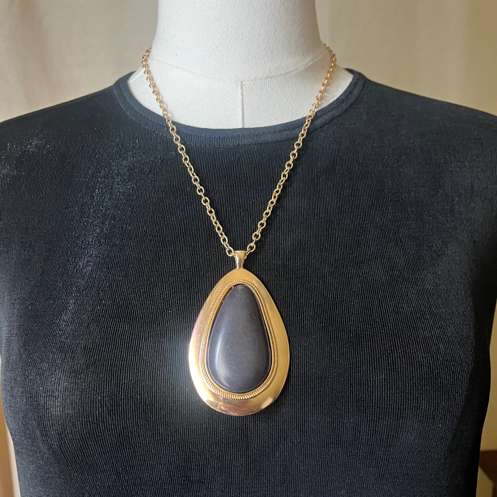 Large Gold Teardrop Pendant Necklace Black Stone Statement 20.5in
